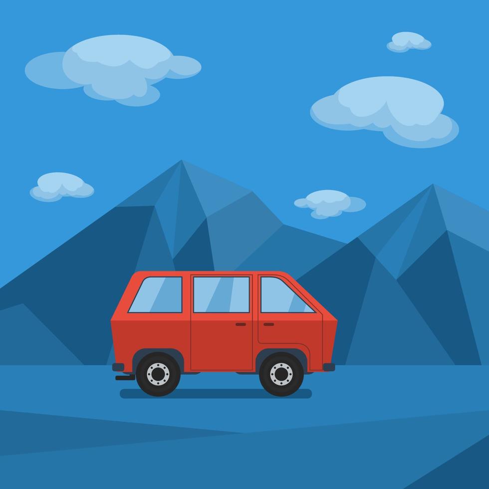 redigerbar scenisk röd bil på låg poly stil bergsväg vektorillustration för turism eller reserelaterad design vektor