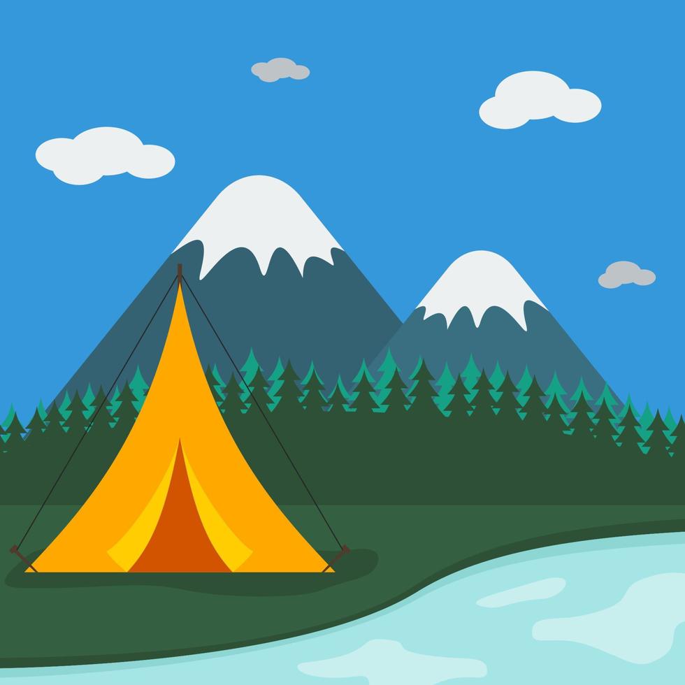 bearbeitbare Campingszenen-Vektorillustration mit einem Zelt am Flussufer und Berghintergrund für Scouting oder Naturliebhaber im Zusammenhang mit Design vektor