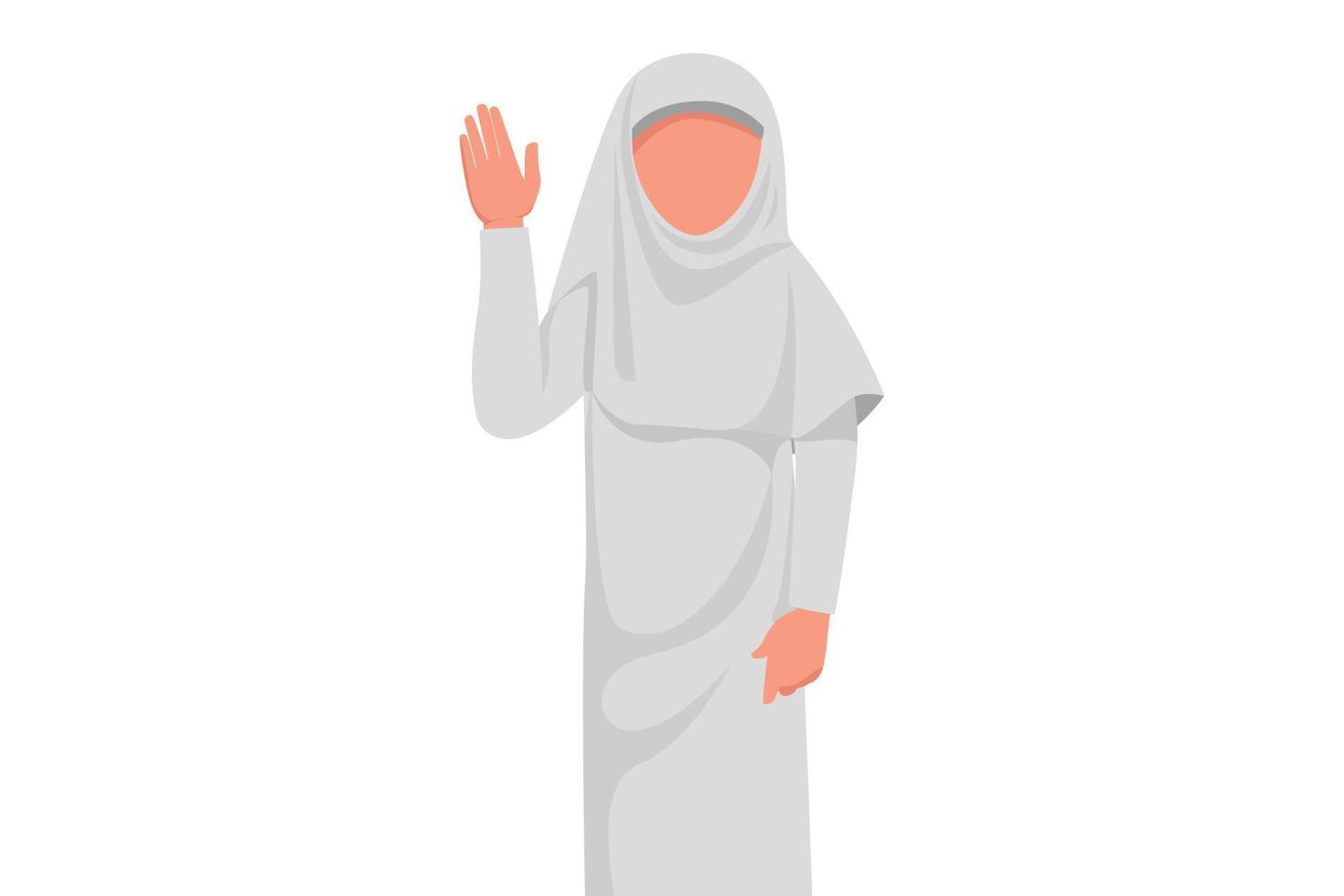business platt ritning arabisk affärskvinna visar palm som stoppskylt, stanna, hålla gest. kvinnlig arbetare ogillar eller avvisar ny idé i projektmöte på kontoret. tecknad design vektorillustration vektor