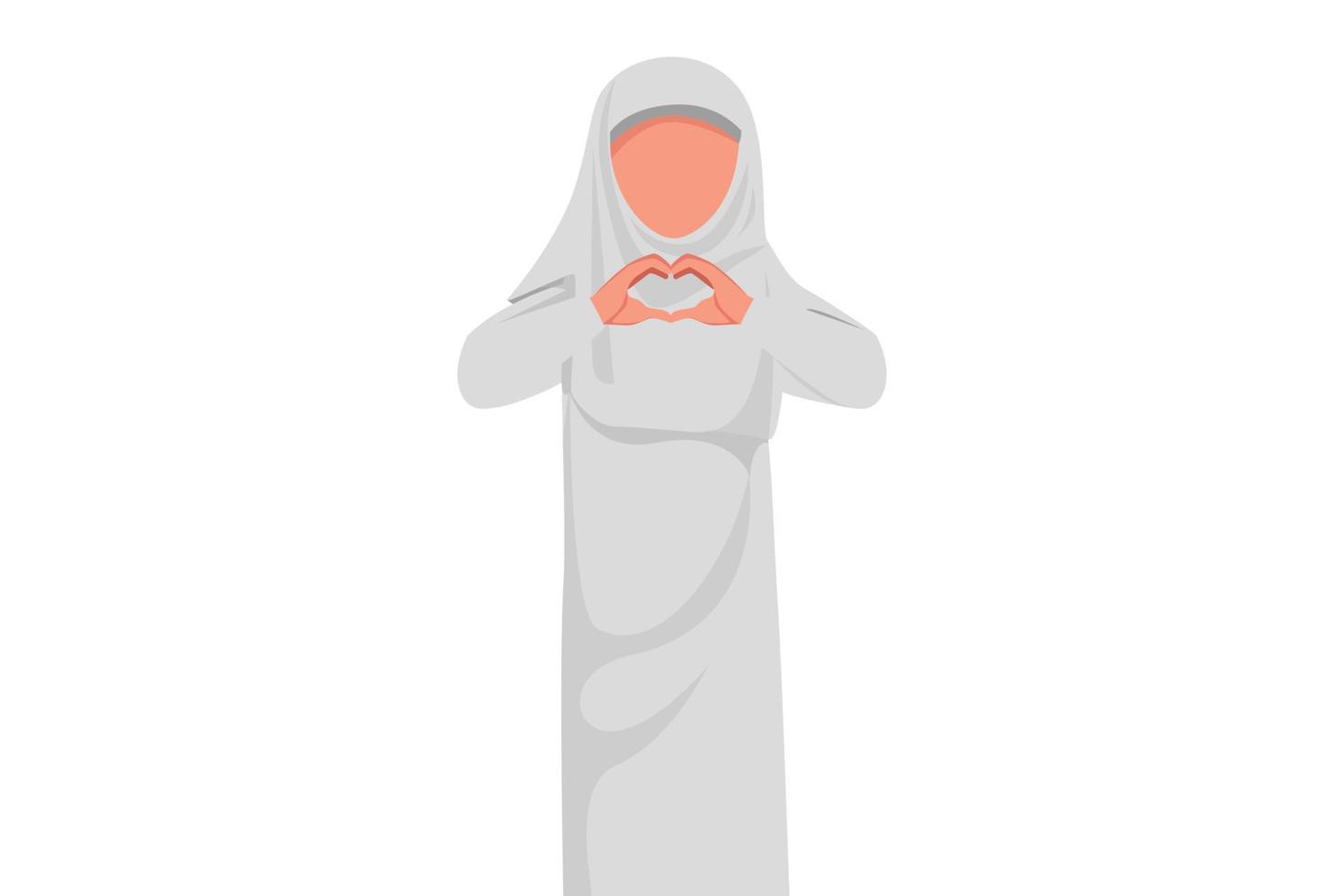 affärsdesign ritning arabisk affärskvinna gör eller gester hjärtsymbol med fingrar framför bröstet. hälsosamt hjärta kampanj för sjukvård eller sjukhus. platt tecknad stil vektorillustration vektor