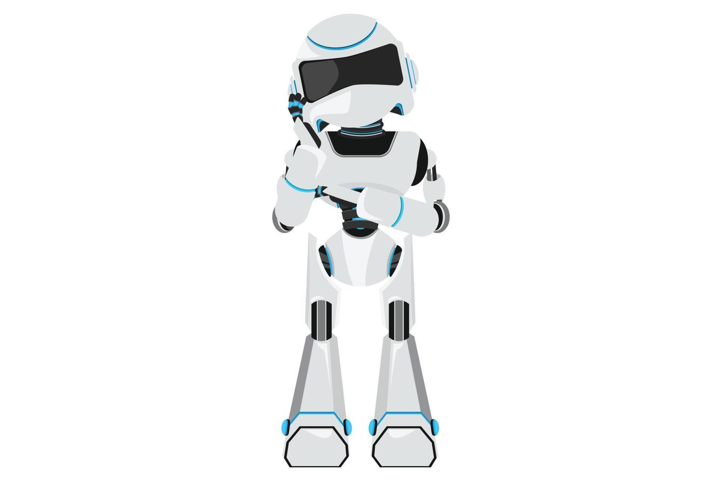 business platt tecknad stil ritning robot håller handen på kinden med korsad hand. uttråkad eller trött robot som håller handen i ansiktet. modern robotisk artificiell intelligens. grafisk design vektor illustration