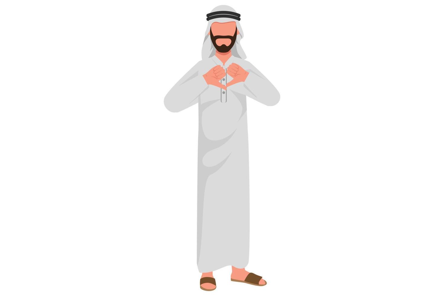 business platt tecknad stil ritning frustrerad ung arabisk affärsman visar tummen ner tecken. manlig chef gör motvilja, dålig eller negativ gest med handen. grafisk design vektor illustration