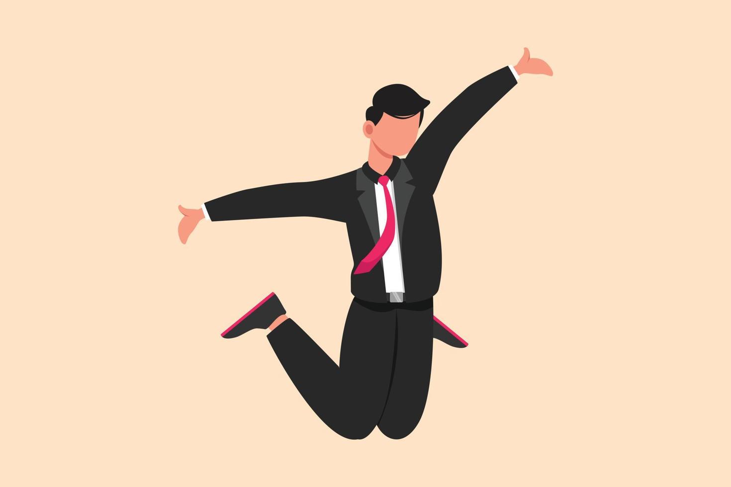 business flat cartoon style zeichnung glücklicher geschäftsmann springen mit erhobenen beinen und ausgebreiteten armen. männlicher Manager, der den Erfolg der Steigerung der Produktverkäufe des Unternehmens feiert. Grafikdesign-Vektorillustration vektor