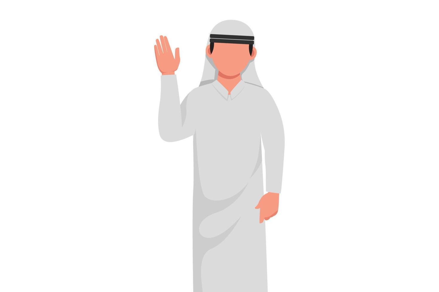Business-Design-Zeichnung arabischer Geschäftsmann zeigt Handfläche als Stoppschild, Aufenthalt, Halten oder Ablehnungsgeste. männlicher manager, der emotion und körpersprachenkonzept gestikuliert. flache Cartoon-Stil-Vektor-Illustration vektor