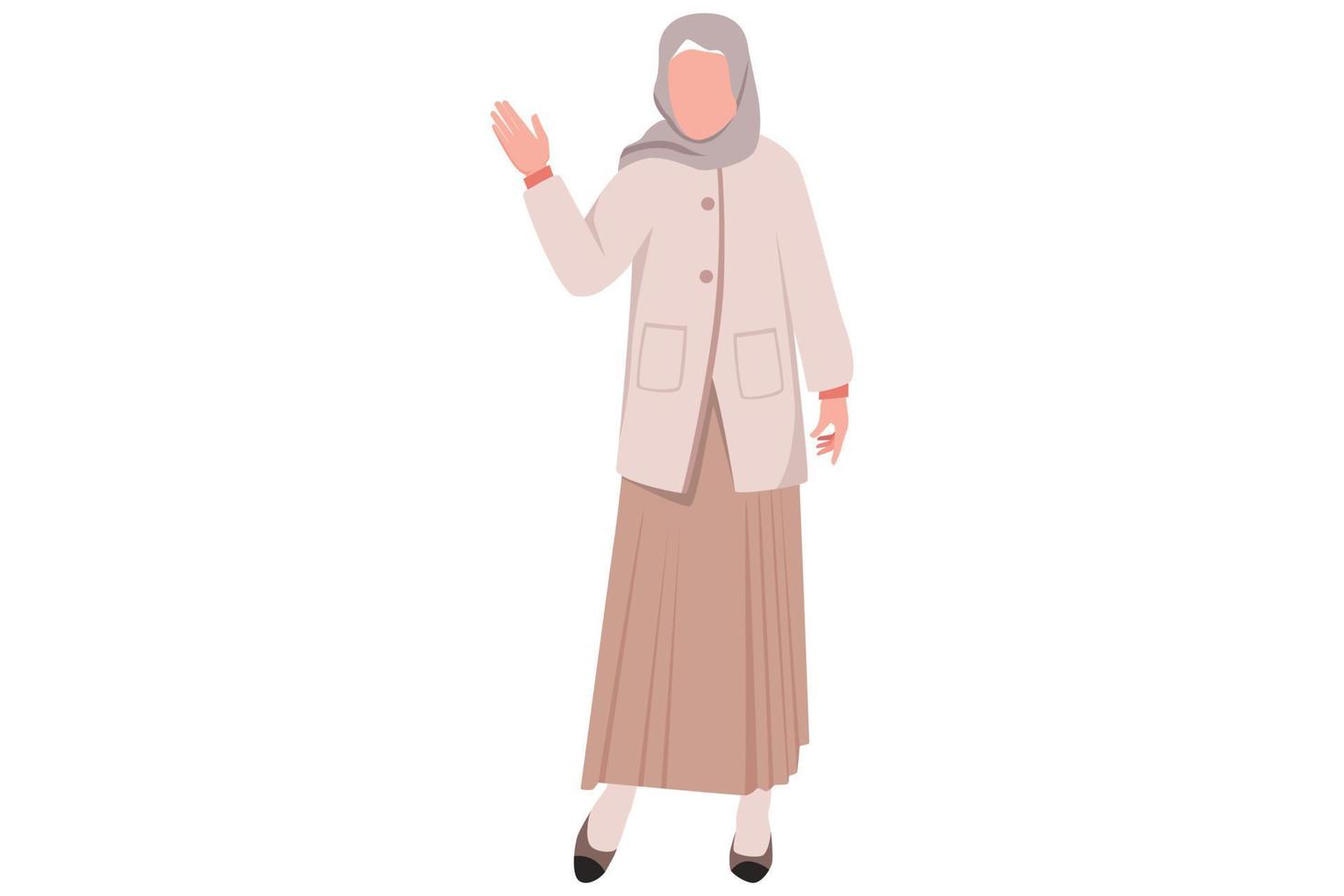 business flat cartoon style zeichnung arabische geschäftsfrau stehend und etwas mit stopphandgeste ablehnend. Strenger Chef, der mit der Handfläche ein Stop-Gesten-Schild zeigt. Grafikdesign-Vektorillustration vektor