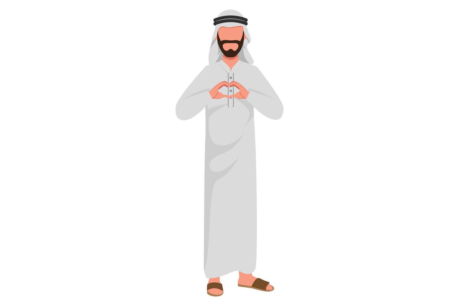 business platt tecknad stil ritning arabisk affärsman visar hjärtat tecken med händerna uttrycka kärlek, passion, stöd, omsorg. man gör hjärtgest framför bröstet. grafisk design vektor illustration
