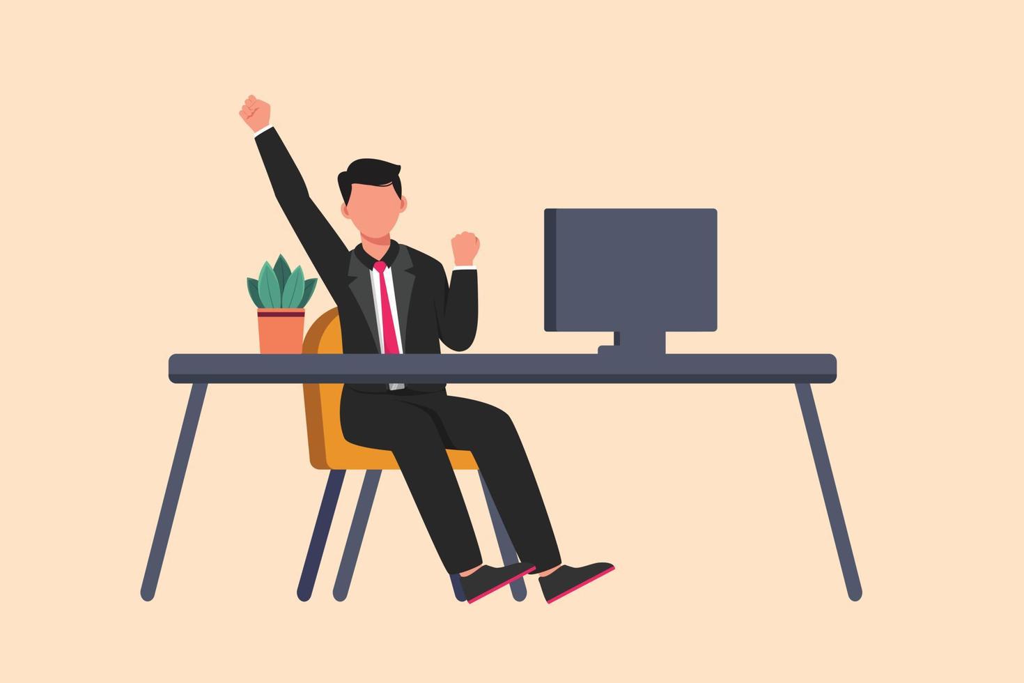 Business-Design-Zeichnung Glücklicher Geschäftsmann sitzt am Arbeitsplatz mit erhobener Hand hoch und hob die andere an. arbeitnehmer feiert erfolg geschäftsleistung. flache Cartoon-Stil-Vektor-Illustration vektor