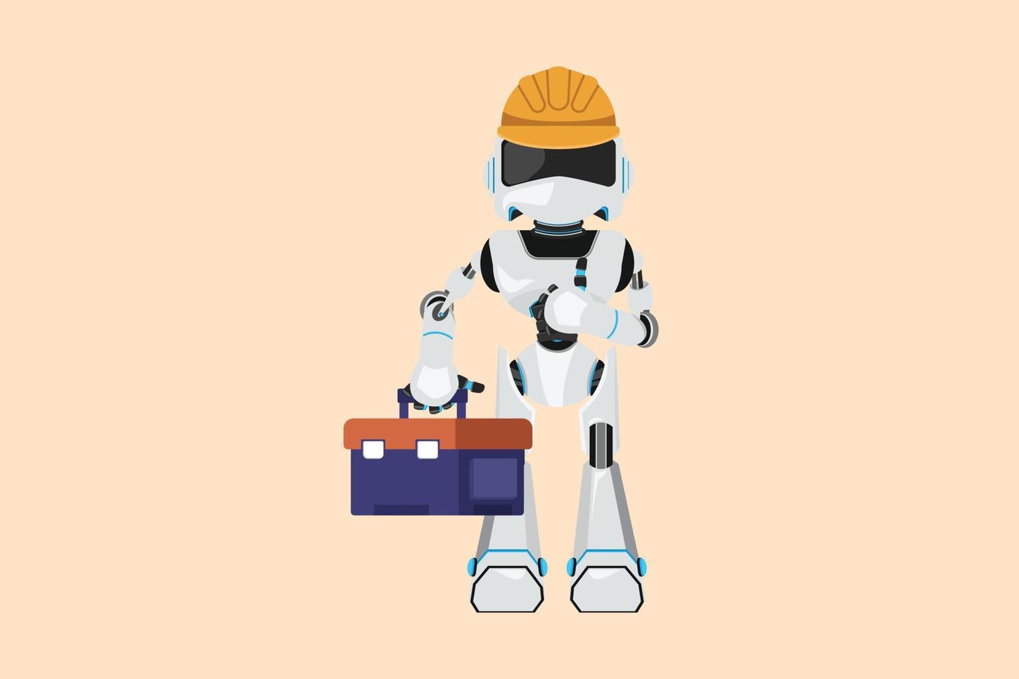 Business Flat Cartoon Stil Zeichnung Roboter Klempner stehen und Werkzeugkasten halten. Dienstleistungen für Heimdekoration. robotische künstliche Intelligenz. Technologiebranche. Grafikdesign-Vektorillustration vektor