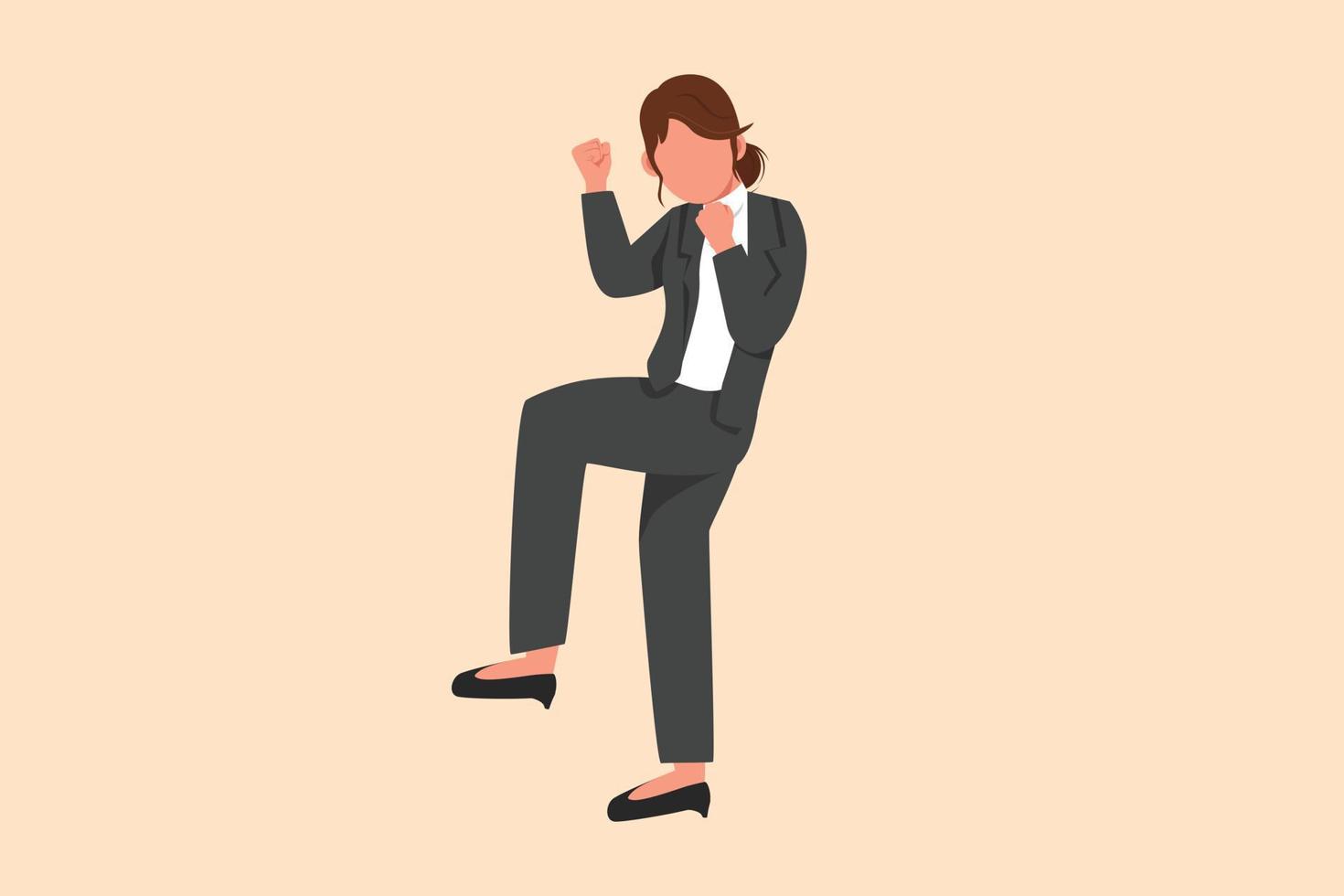 Business-Design-Zeichnung schöne Geschäftsfrau stehend mit Falte ein Bein und Ja-Geste mit beiden Händen. büroangestellte feiern den erfolg des unternehmensprojekts. flache Cartoon-Stil-Vektor-Illustration vektor