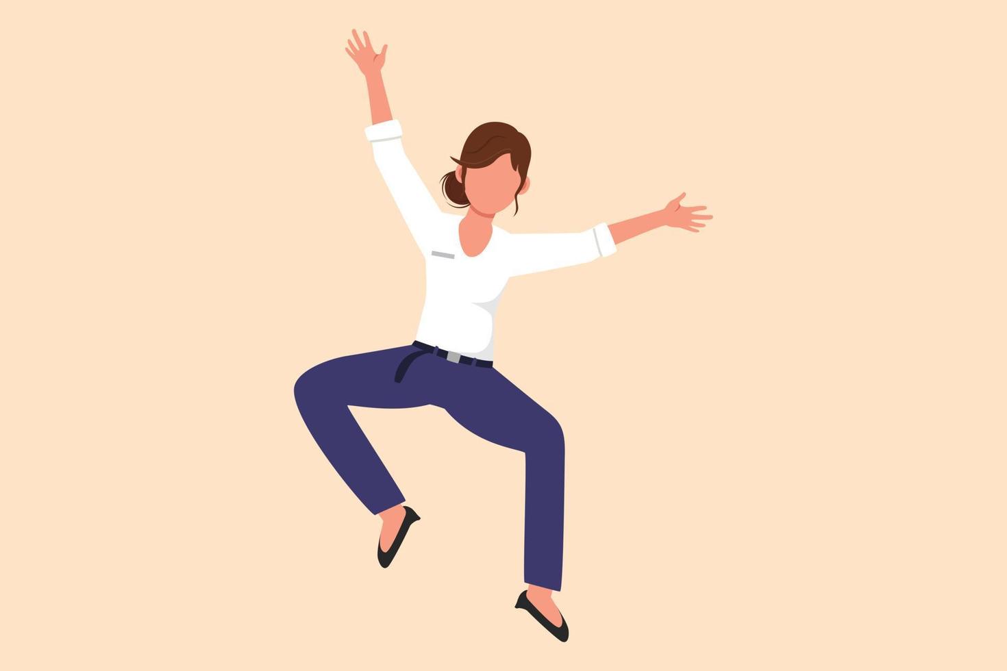 business platt tecknad teckning glad affärskvinna hoppa med båda händerna upp. arbetare firar löneökning och förmåner från företaget. framgångsrikt affärsprojekt. grafisk design vektor illustration