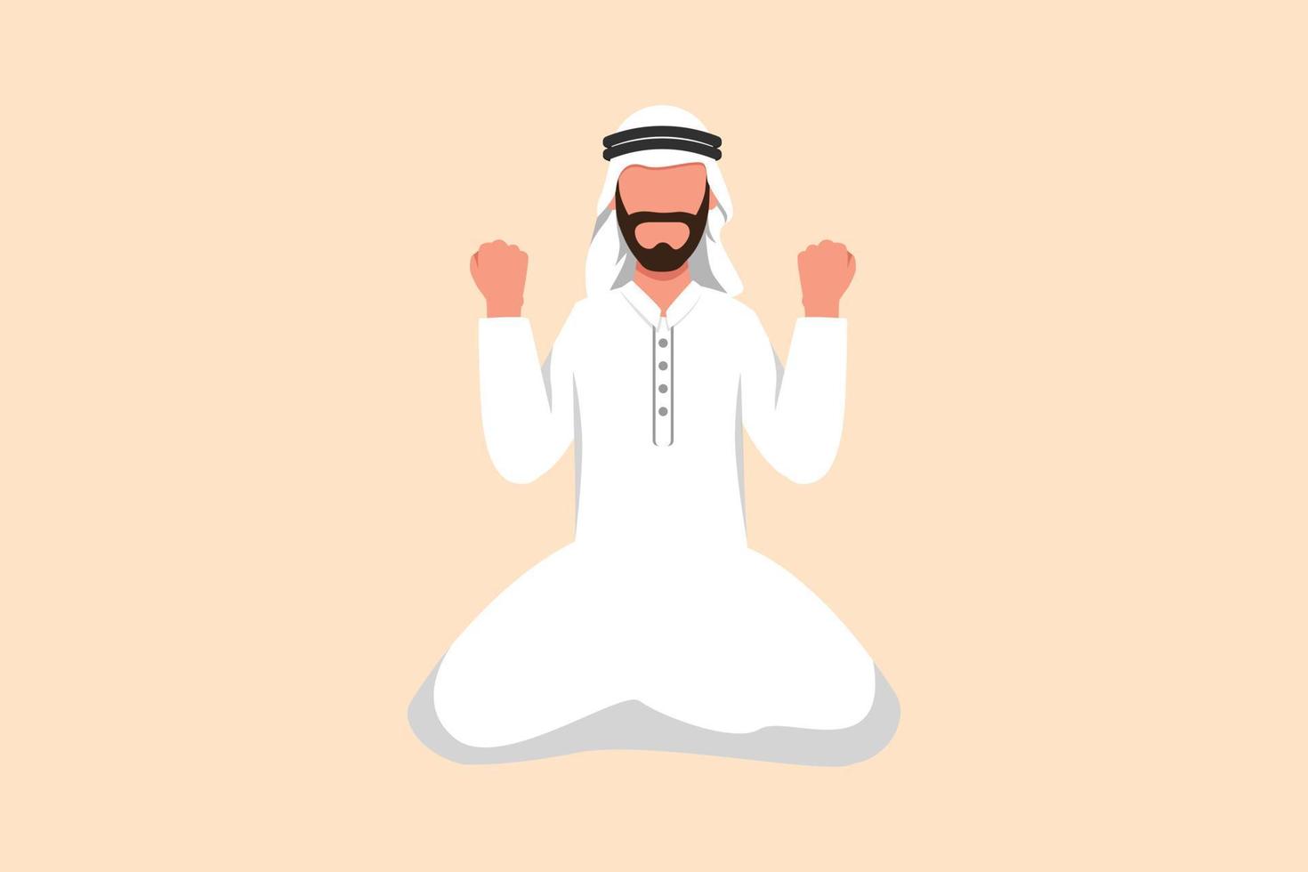 Business-Design-Zeichnung glücklicher arabischer Geschäftsmann, der mit ja-Geste kniet. manager feiert den erfolg der steigerung der unternehmensleistung, des ziels, des umsatzes und der ziele. flache Cartoon-Stil-Vektor-Illustration vektor