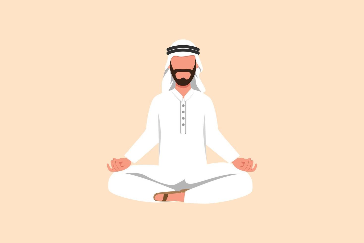 business platt ritning avslappnad arabisk affärsman gör yoga och vila från upptaget arbete. manlig kontorsarbetare sitter i yogaställning, meditation, avkopplande, hantera stress. tecknad design vektorillustration vektor