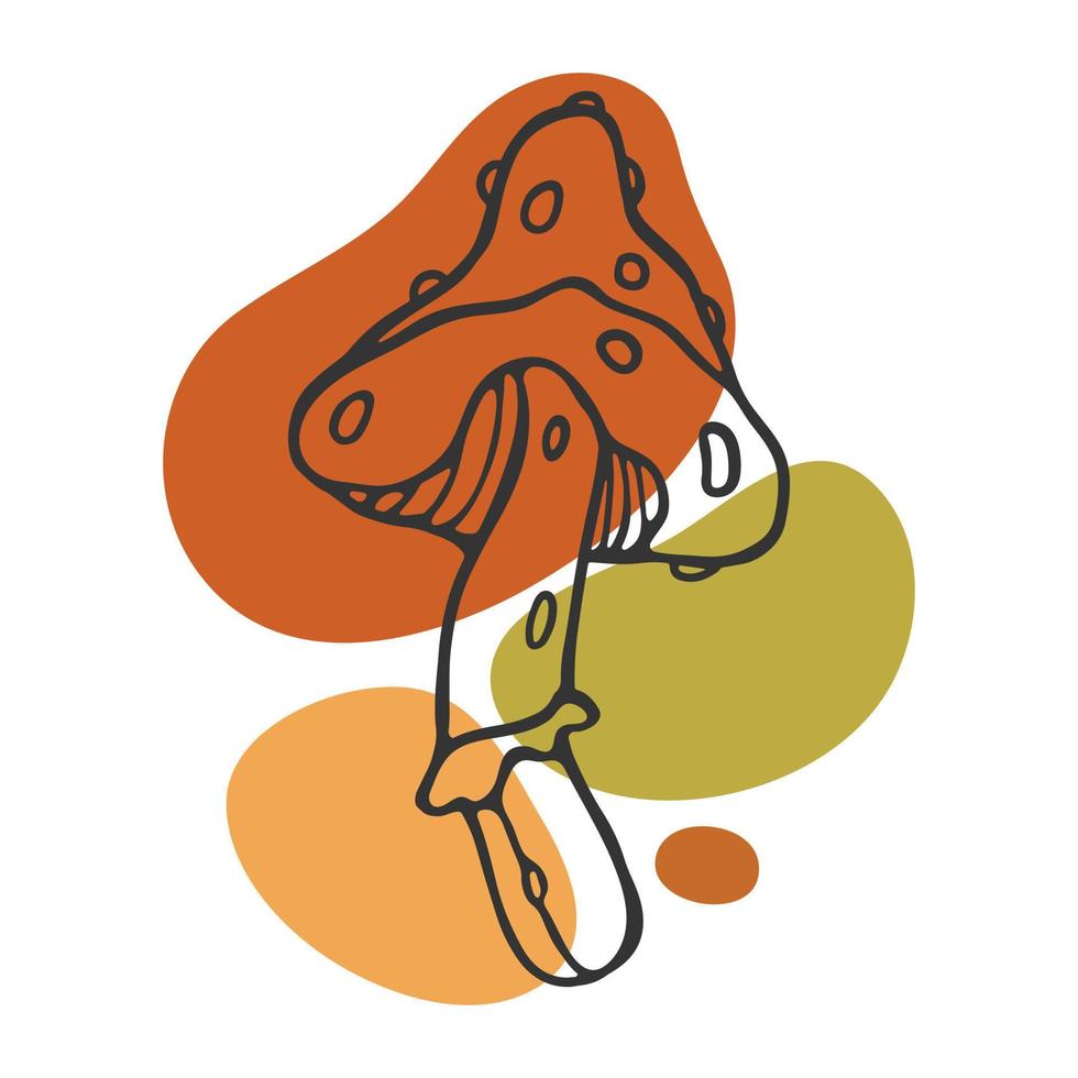 Fliegenpilz Umriss Doodle Vektor Illustration auf Hintergrund mit farbigen abgerundeten Flecken. Herbstgestaltung
