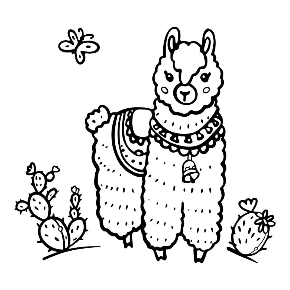 lama kontur tecknad doodle vektorillustration. stiliserad bild av ett landskap med kaktusar. för målarbok, design t-shirt, tryck, gratulationskort vektor