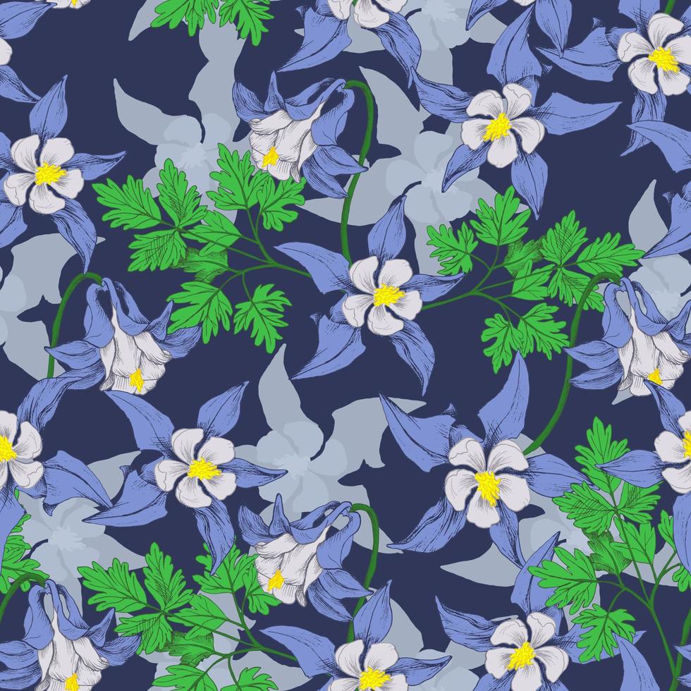 sömlös vektormönster med akleja blommor på djupblå bakgrund. lager linje vektor illustration. t-shirtdesign, textilier, tyger, omslag, tapeter, tryck, inslagningspresent