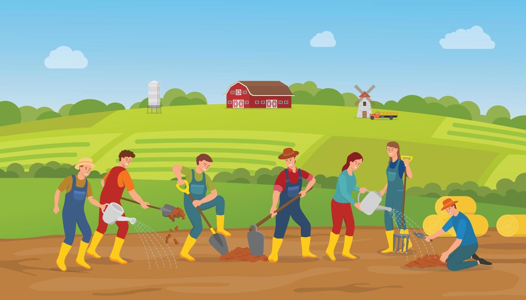 bonde människor karaktär team man och kvinna med viss aktivitet jordbruk med modern platt stil vektor