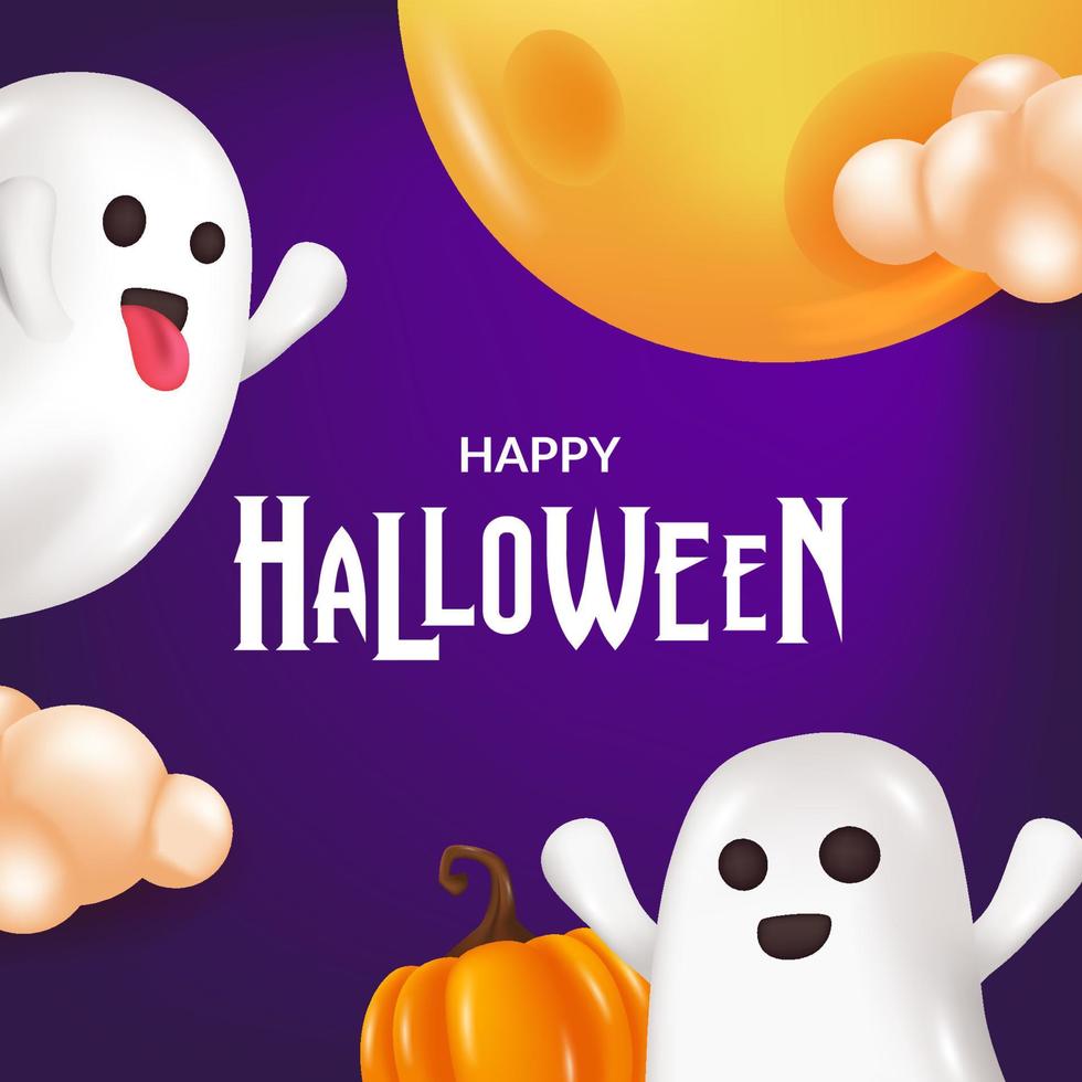 Peek a boo Happy Halloween Spirit Ghost 3D süßes Emoji mit Mond und lila Nachthintergrund vektor