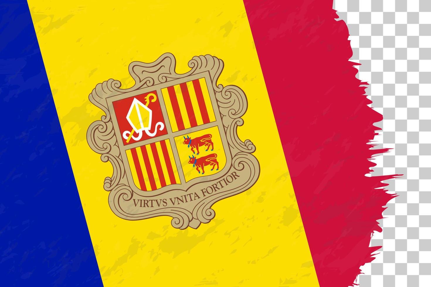 horisontella abstrakt grunge borstad flagga Andorra på transparent rutnät. vektor