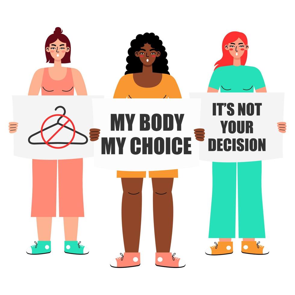 Frauenprotest. Frauen, die Zeichen meines Körpers - meine Wahl halten und in einen Lautsprecher sprechen, der auf einem weißen Hintergrund isoliert ist. Pro-Choice-Aktivisten, die das Recht auf Abtreibung unterstützen. vektor