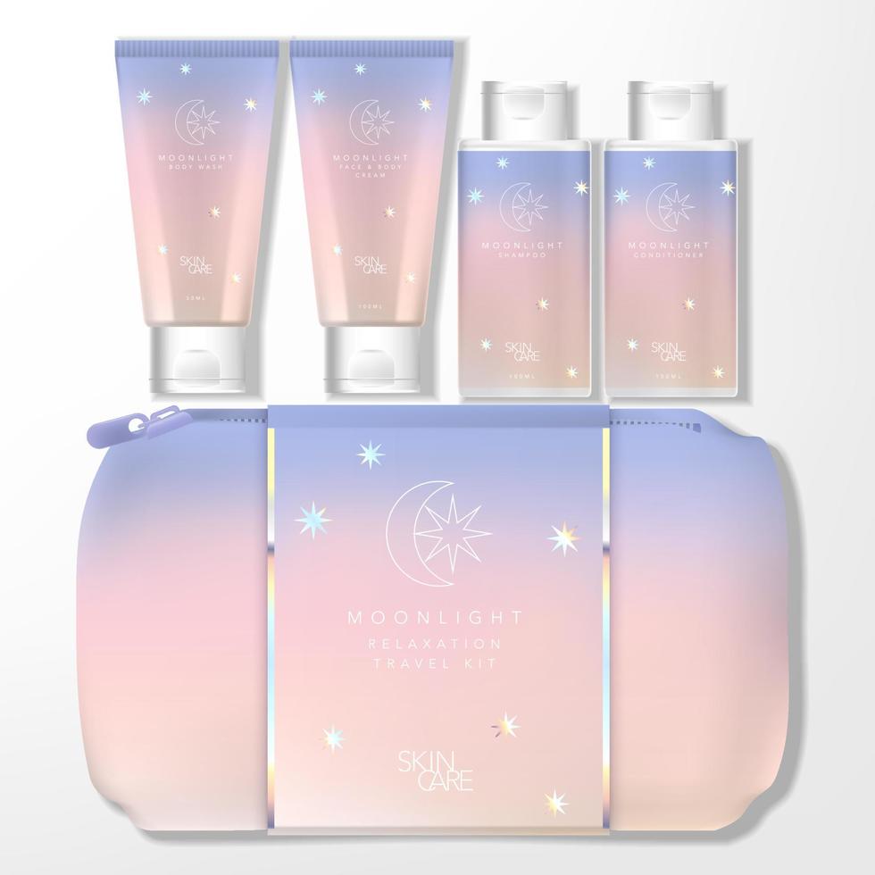 vektor moonlight holografisk tema gradient pastell resepaket väska set med tub flaska förpackning