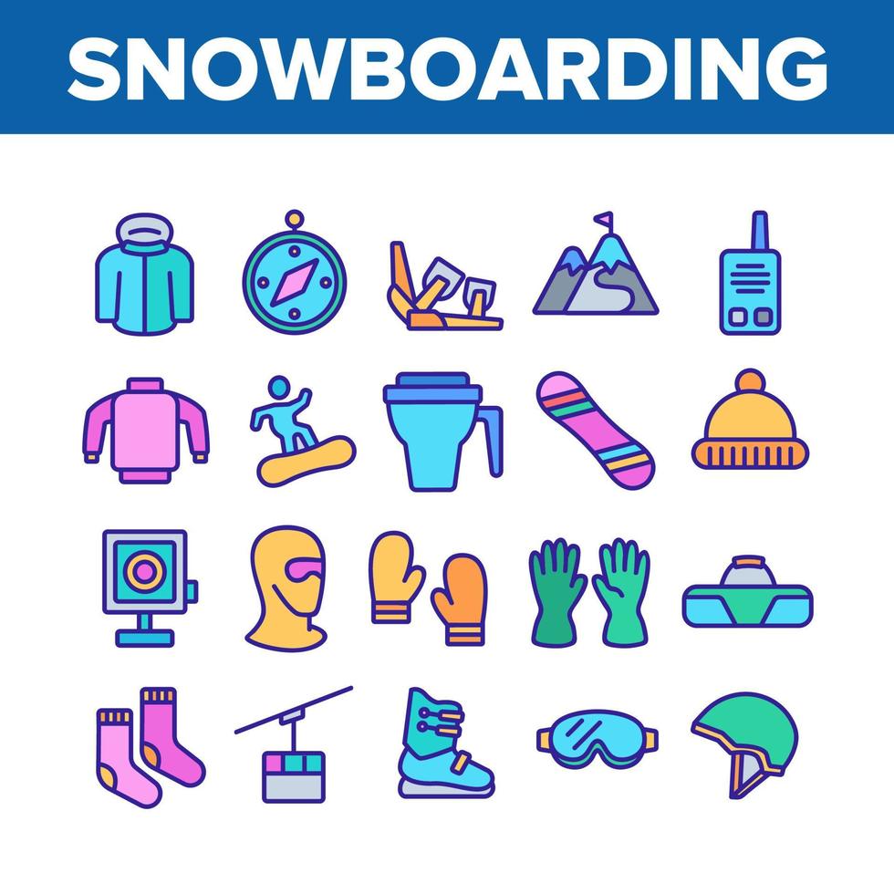 snowboardutrustning samling ikoner set vektor