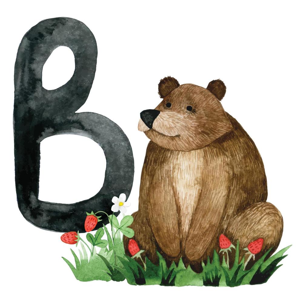 kort med bokstaven b. söt teckning för barn alfabetet, bokstaven b och söta björndjur. akvarell handritad vektor