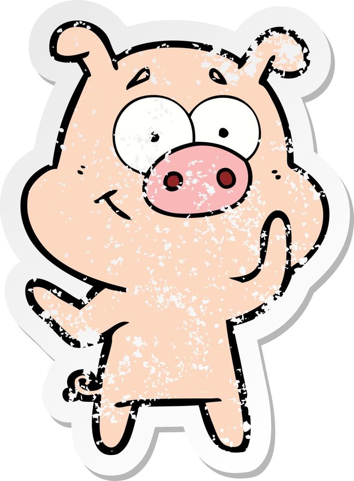 bedrövad klistermärke av en glad tecknad gris vektor