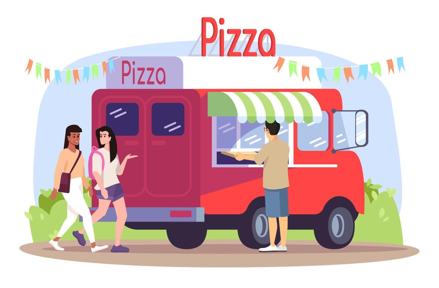 flache vektorillustration des pizza-imbisswagens. Fertiggerichte zum Mitnehmen auf einem Picknick in der Stadt. käufer in der straßenpizzeria, gehende mädchen lokalisierten zeichentrickfiguren auf weißem hintergrund vektor