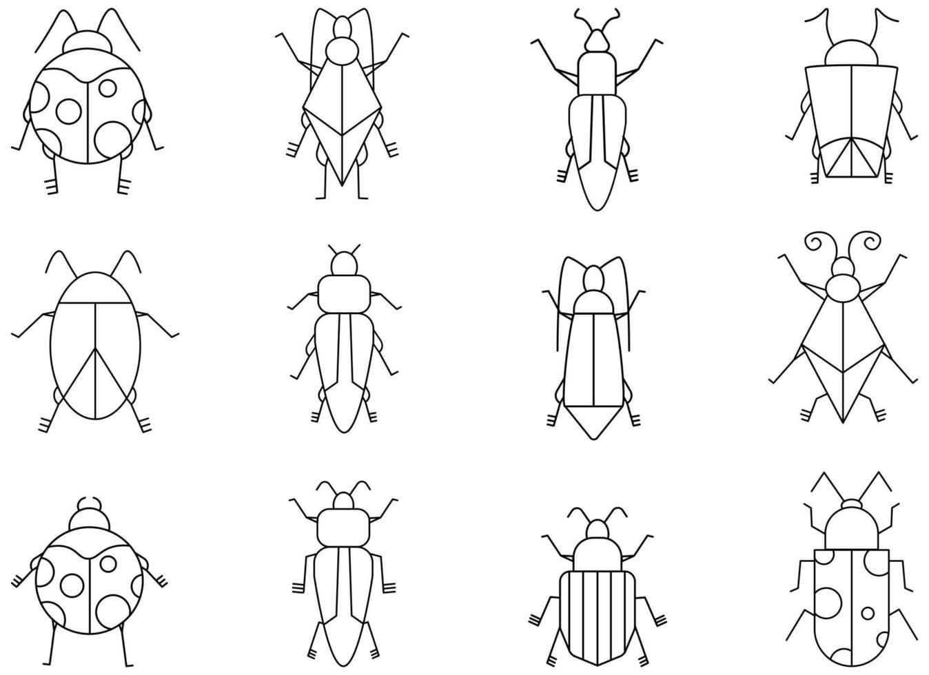 flacher Insekt-Bug-Vektor-Illustrationssatz. satz der schwarzen umrisswanzenillustration. Vektor-Schwarz-Weiß-Symbole verschiedener Insekten vektor