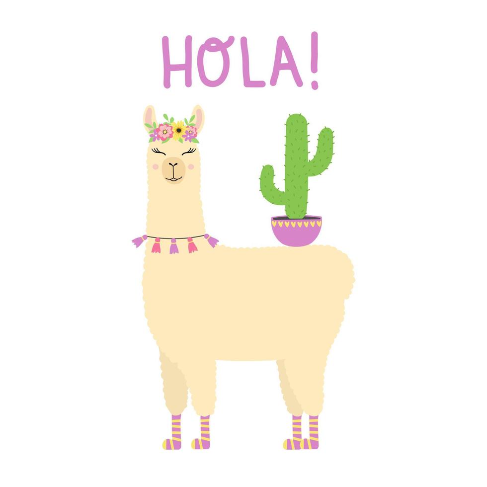 süßes lama, das mit kaktus steht. karikaturalpaka mit blumenkrone und handgezeichnetem text hola. vektor