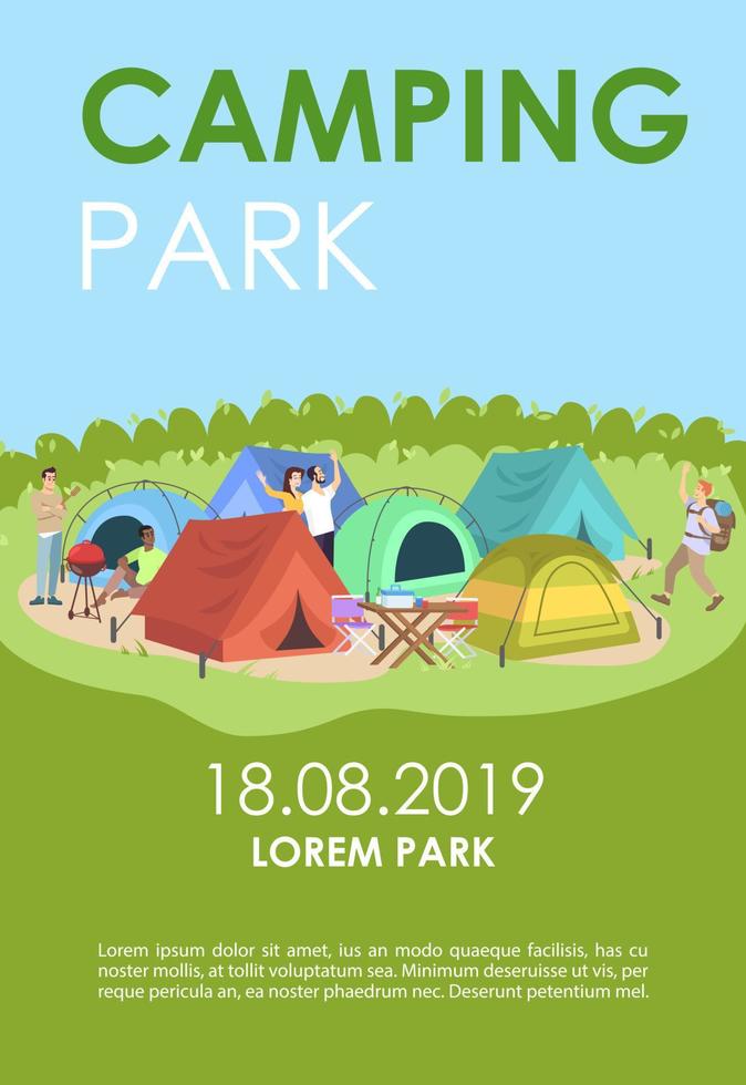 camping park broschyr mall. ryggsäcksresa flyer, häfte, broschyr koncept med platta illustrationer. vektor sidlayout för tidningen. sommarfestival reklaminbjudan med textutrymme