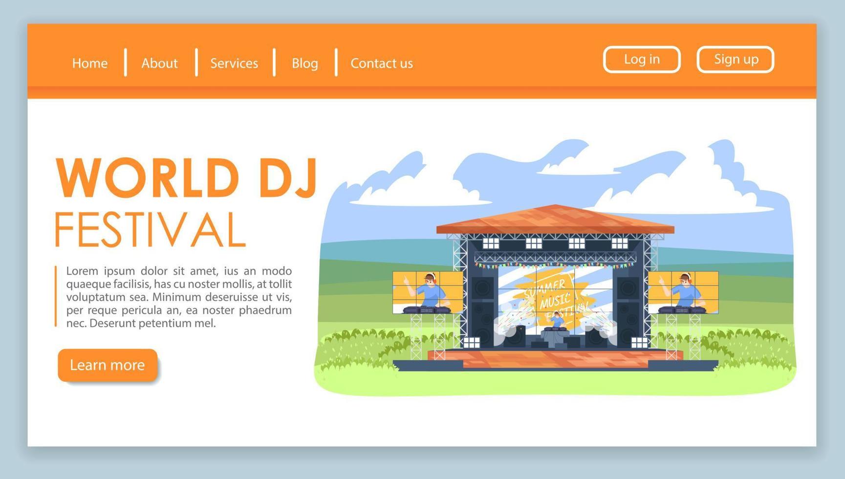 världen dj festival målsida vektor mall. dansmusik läger webbplats gränssnitt idé med platta illustrationer. friluftspartis hemsida layout. deejay fest webbbanner, webbsida tecknad koncept