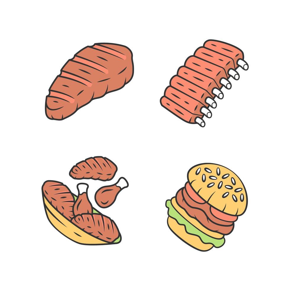 kötträtter färg ikoner set. biff, revbensspjäll, kycklinglår, hamburgare. snabbmat. köttbutiksprodukt. restaurang, grillbar, steakhouse-meny. isolerade vektorillustrationer vektor