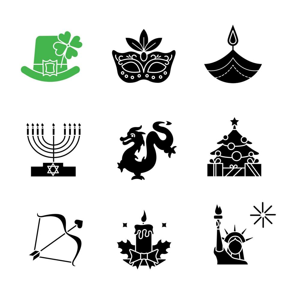 Feiertage Glyphen-Symbole gesetzt. st. patrick's day, mardi gras, diwali, chanukka, chinesisches neujahr, valentinstag, 4. juli, weihnachten. Silhouettensymbole. vektor isolierte illustration