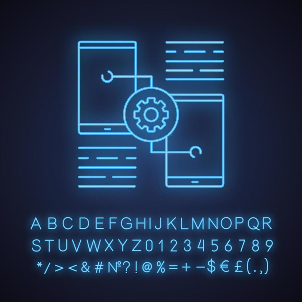 Smartphone-Einstellungen Neonlicht-Symbol. Telefone mit Zahnrad. leuchtendes zeichen mit alphabet, zahlen und symbolen. vektor isolierte illustration