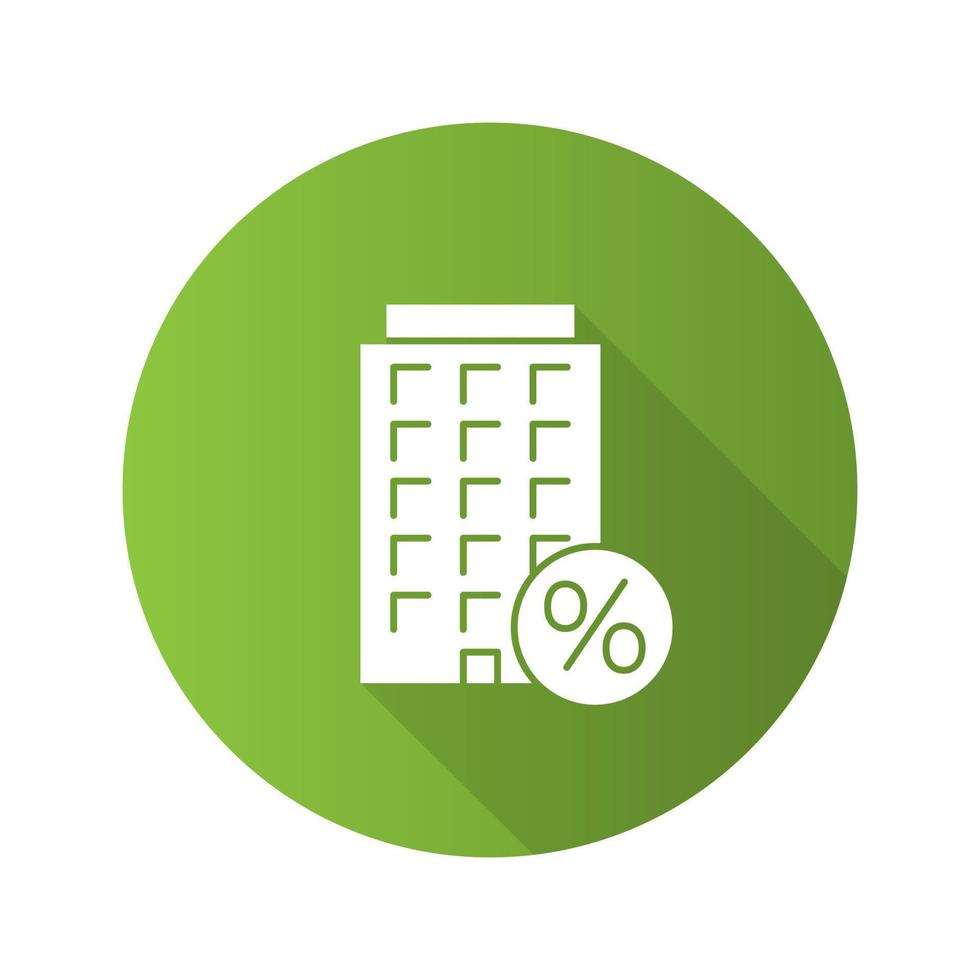 Wohnungsbaudarlehen Rabatt flaches Design lange Schatten Glyphe Symbol. hohe wohnungen und gebäude hypothekenzinssatz. vektorschattenbildillustration vektor