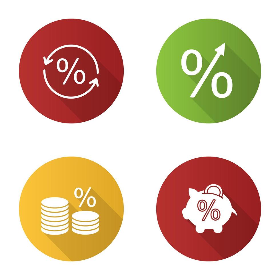 procent platt design lång skugga glyfikoner set. procentuell ökning, spargris, myntbunt, spara pengar, procentuell konvertering. vektor siluett illustration