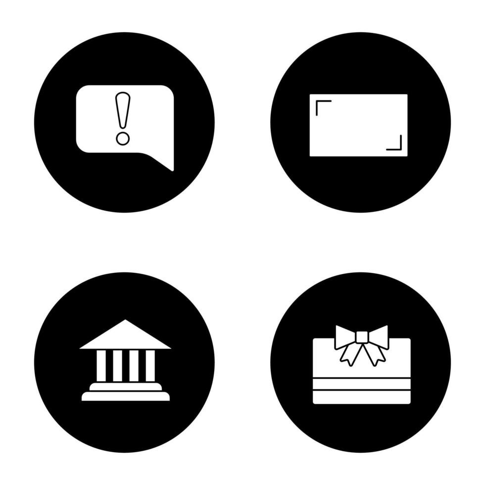 ui ux glyph symbole gesetzt. Ankündigung, Seitenverhältnis, Kontostand, Geschenkkarte. Vektor weiße Silhouetten Illustrationen in schwarzen Kreisen