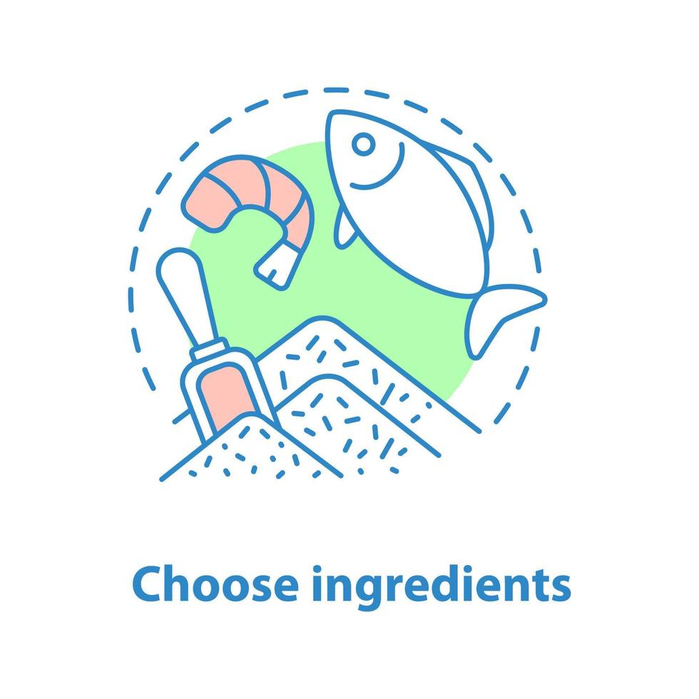 Symbol für das Konzept der Zutaten auswählen. Lebensmittelgeschäft Idee dünne Linie Illustration. Reis, Garnelen, Fisch. Vektor isoliert Umrisszeichnung