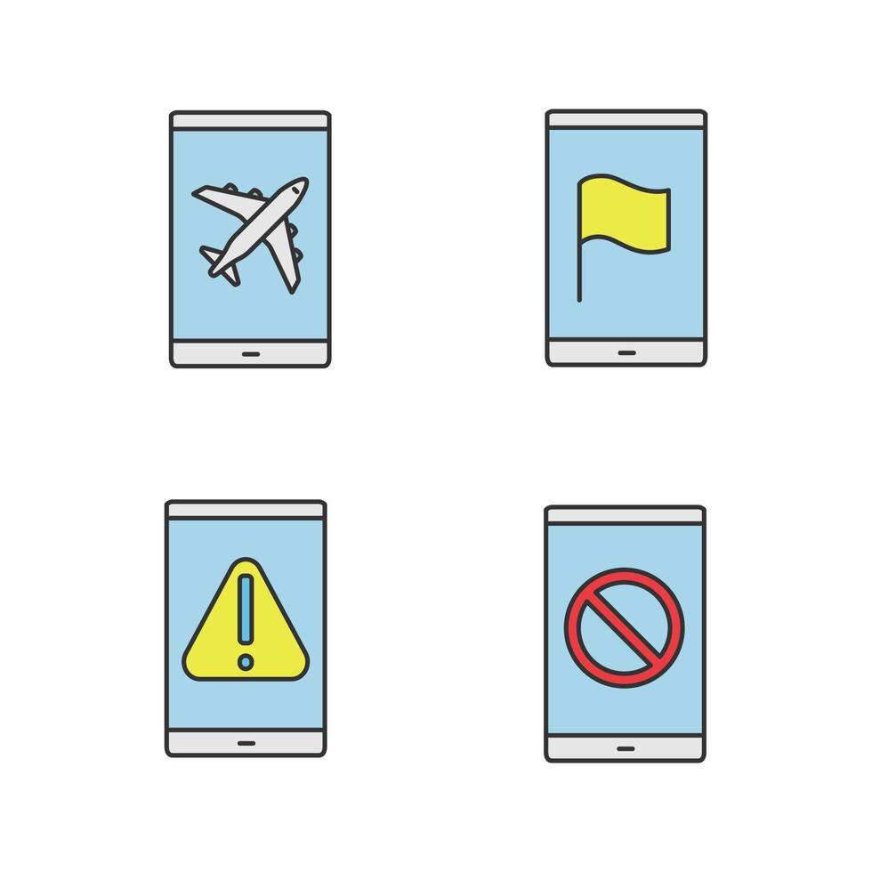 smartphone appar färgikoner set. flygläge, gps-navigator, fel, ingen signalskylt. isolerade vektorillustrationer vektor