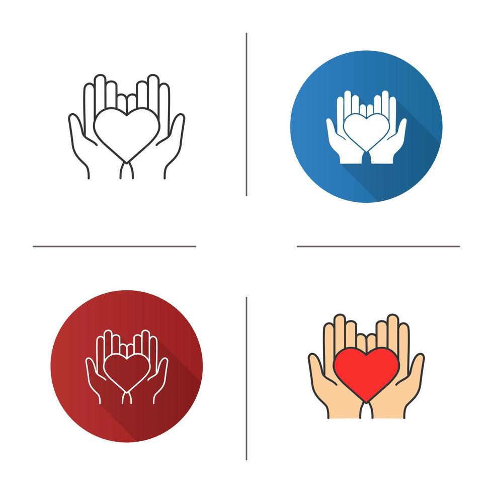 välgörenhet ikon. platt design, linjär och färgstilar. livsförsäkring. medicin och sjukvård. händer som håller hjärtat. isolerade vektorillustrationer vektor