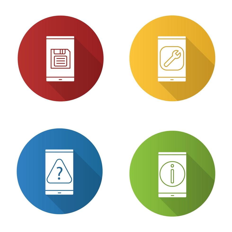 smartphone platt design lång skugga glyph ikoner set. spara knapp, inställningar, mobiltelefon faq, fel. vektor siluett illustration