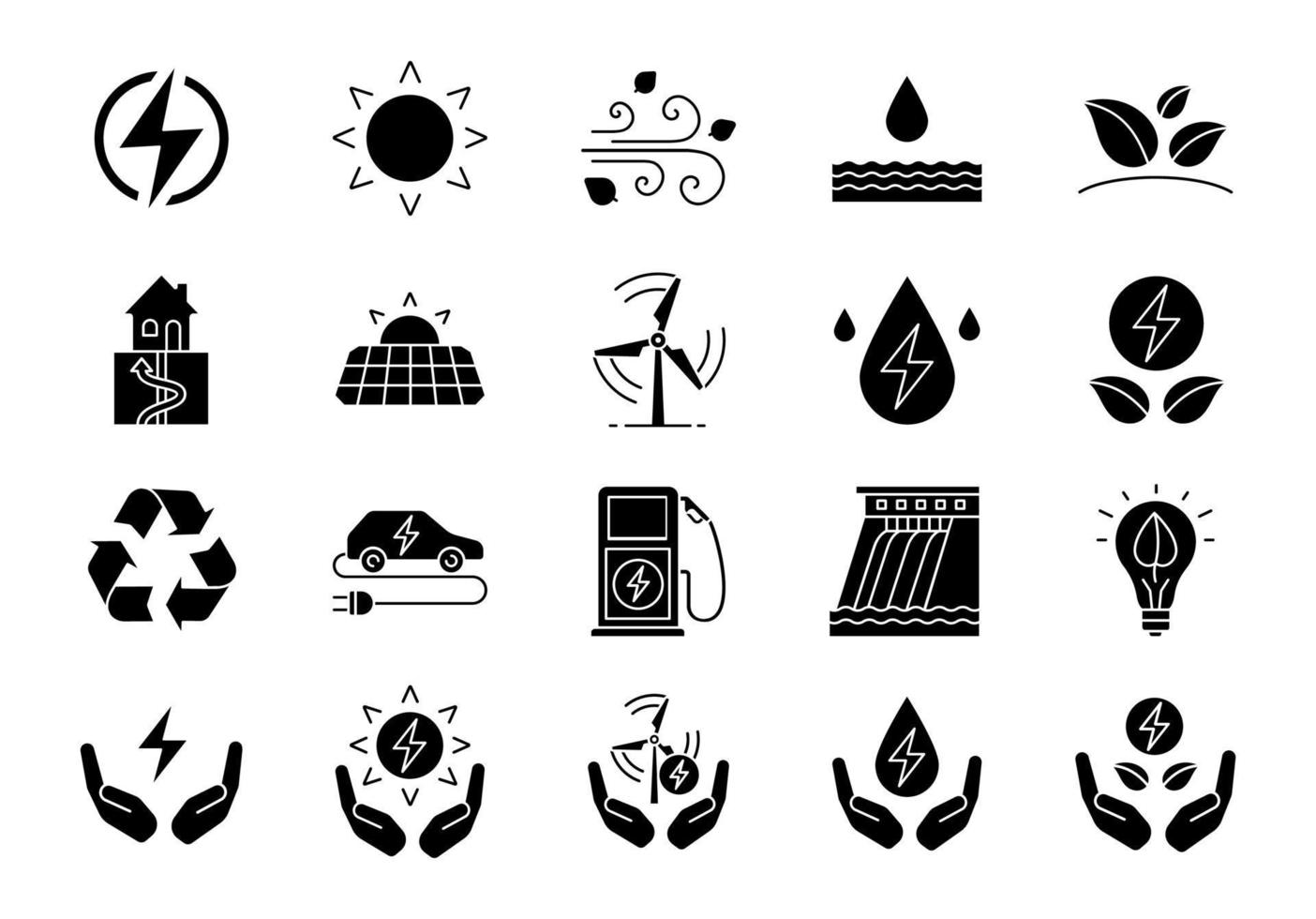 alternativa energikällor glyfikoner set. ekokraft. förnybara resurser. vatten, sol, termisk, vindenergi. siluett symboler. vektor isolerade illustration