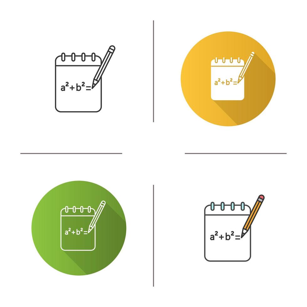 anteckningsbok med matematisk formel ikon. grov skiss. algebraberäkningar. platt design, linjär och färgstilar. isolerade vektorillustrationer vektor