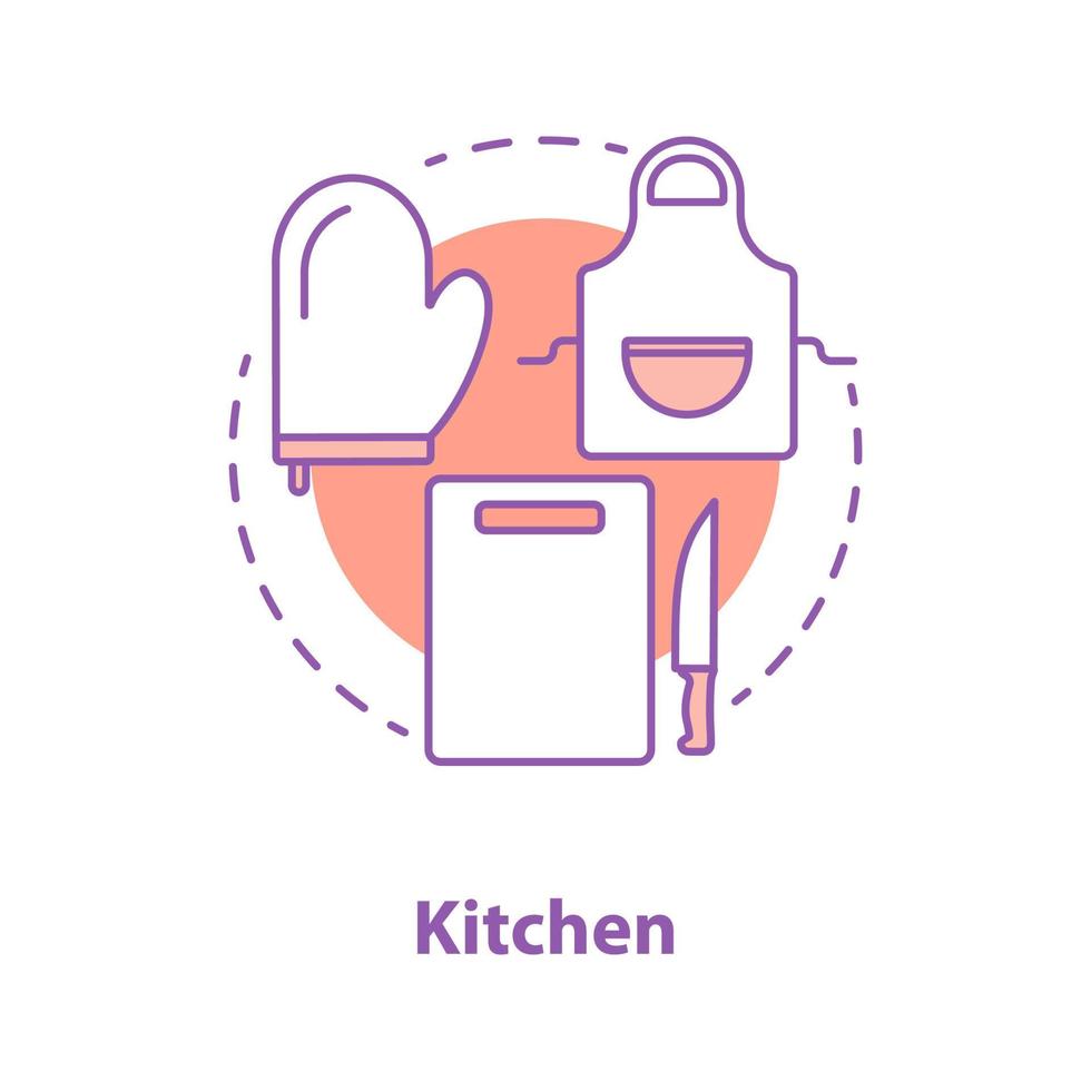 matlagning tillbehör koncept ikon. köksutrustning idé tunn linje illustration. förkläde, ugnsvante och skärbräda med kniv. vektor isolerade konturritning