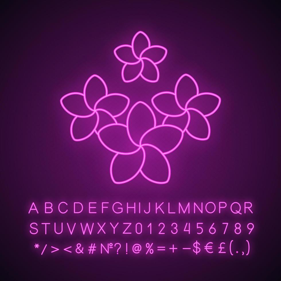 spa salong plumeria blommor neonljus ikon. aromaterapi. glödande tecken med alfabet, siffror och symboler. vektor isolerade illustration