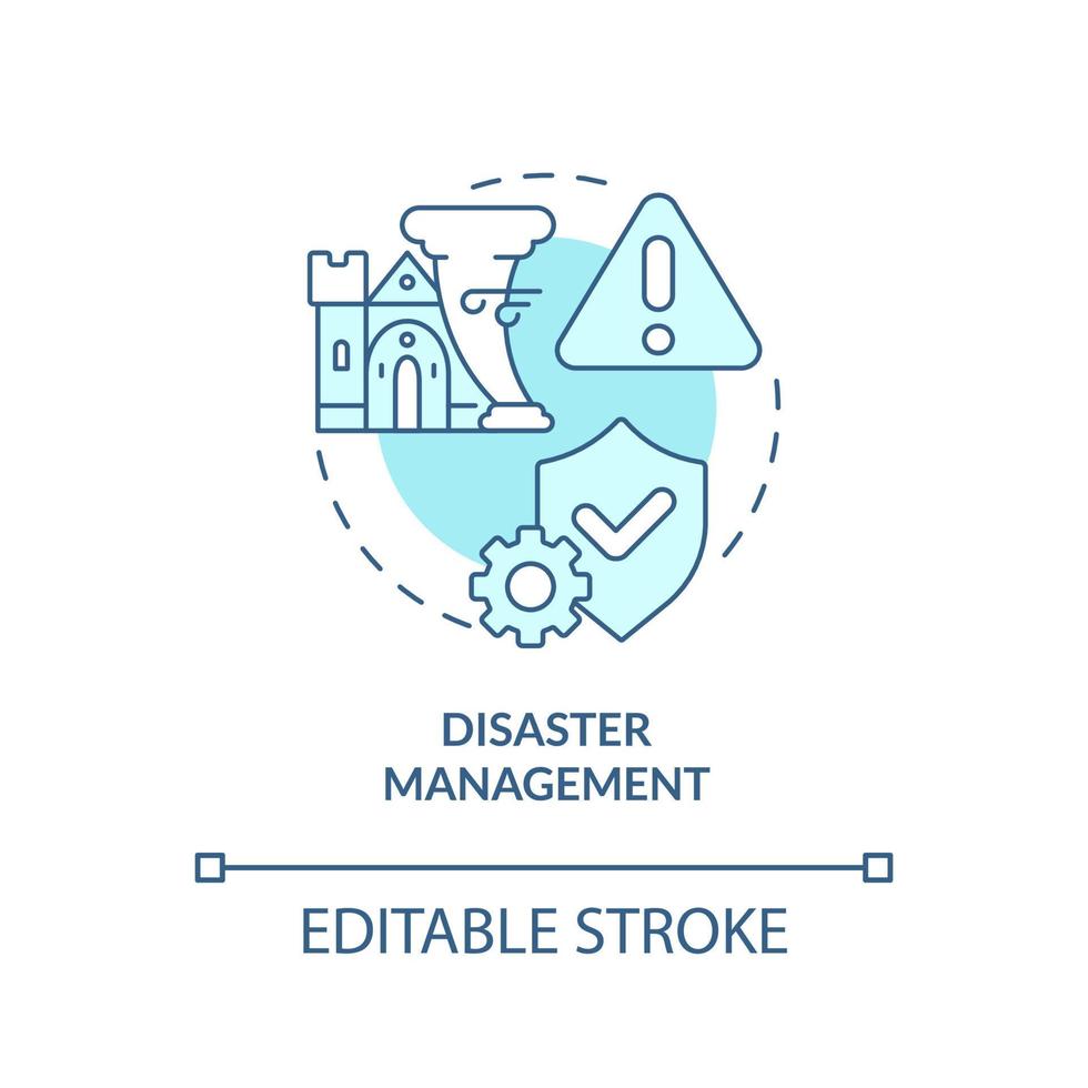 Symbol für das türkisfarbene Konzept des Katastrophenmanagements. Erbe Sicherheit. entwicklungsaktivität abstrakte idee dünne linie illustration. isolierte Umrisszeichnung. editierbarer Strich. vektor