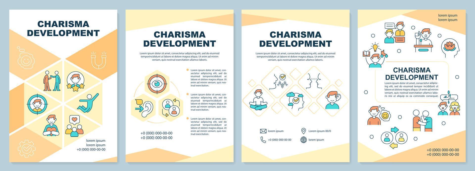 charismaentwicklung orange broschürenvorlage. Vertrauen aufbauen. Broschürendesign mit linearen Symbolen. 4 Vektorlayouts für Präsentationen, Jahresberichte. vektor