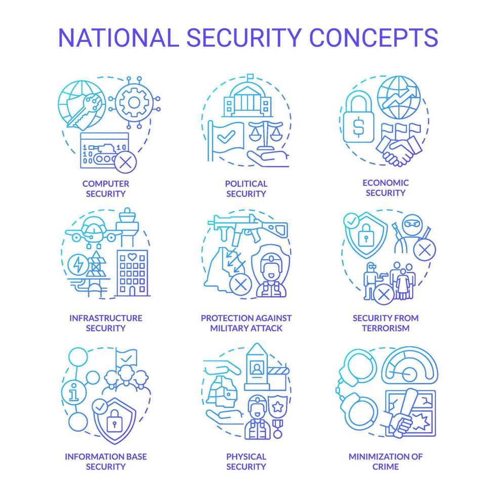 nationell och internationell säkerhet blå gradient koncept ikoner set. länder säkerhetsidé tunn linje färgillustrationer. isolerade symboler. redigerbar linje. vektor