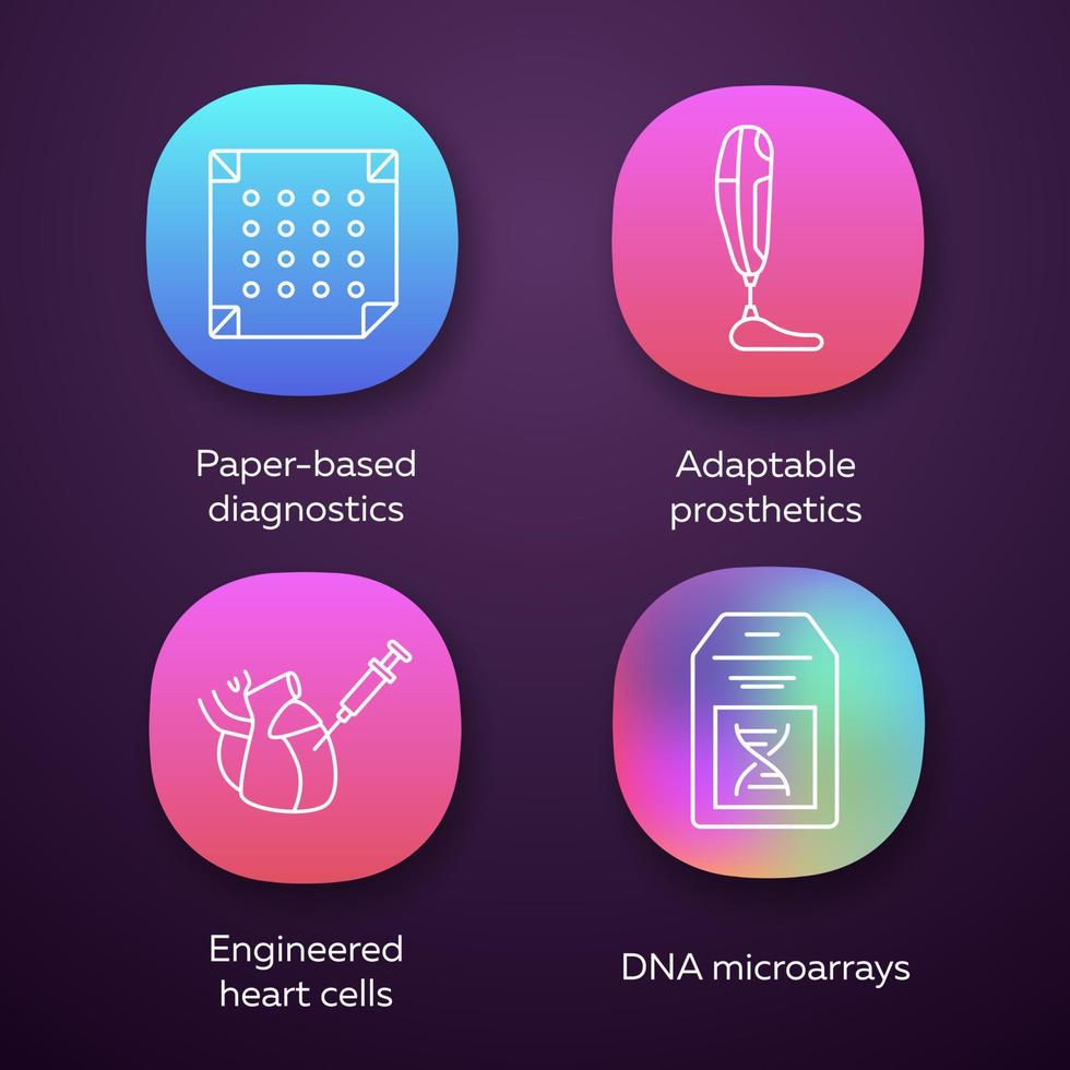 Bioengineering-App-Symbole festgelegt. papierbasierte Diagnostik, anpassungsfähige Prothetik, künstliche Herzzellen, DNA-Microarrays. ui ux-benutzeroberfläche. Web- oder mobile Anwendungen. Vektor isolierte Illustrationen